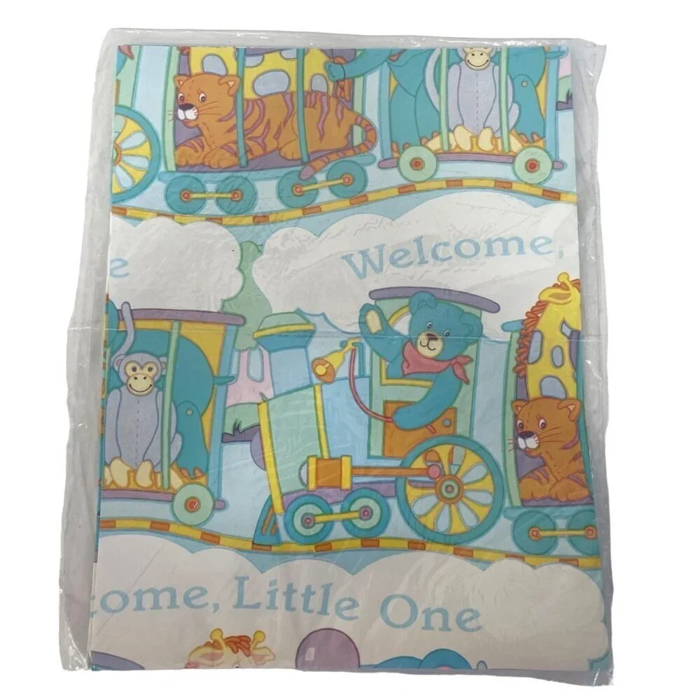 Gift‎ Wrap Paper Baby Newborn Maternity Zoo Animals Train Welcome USA Made VTG